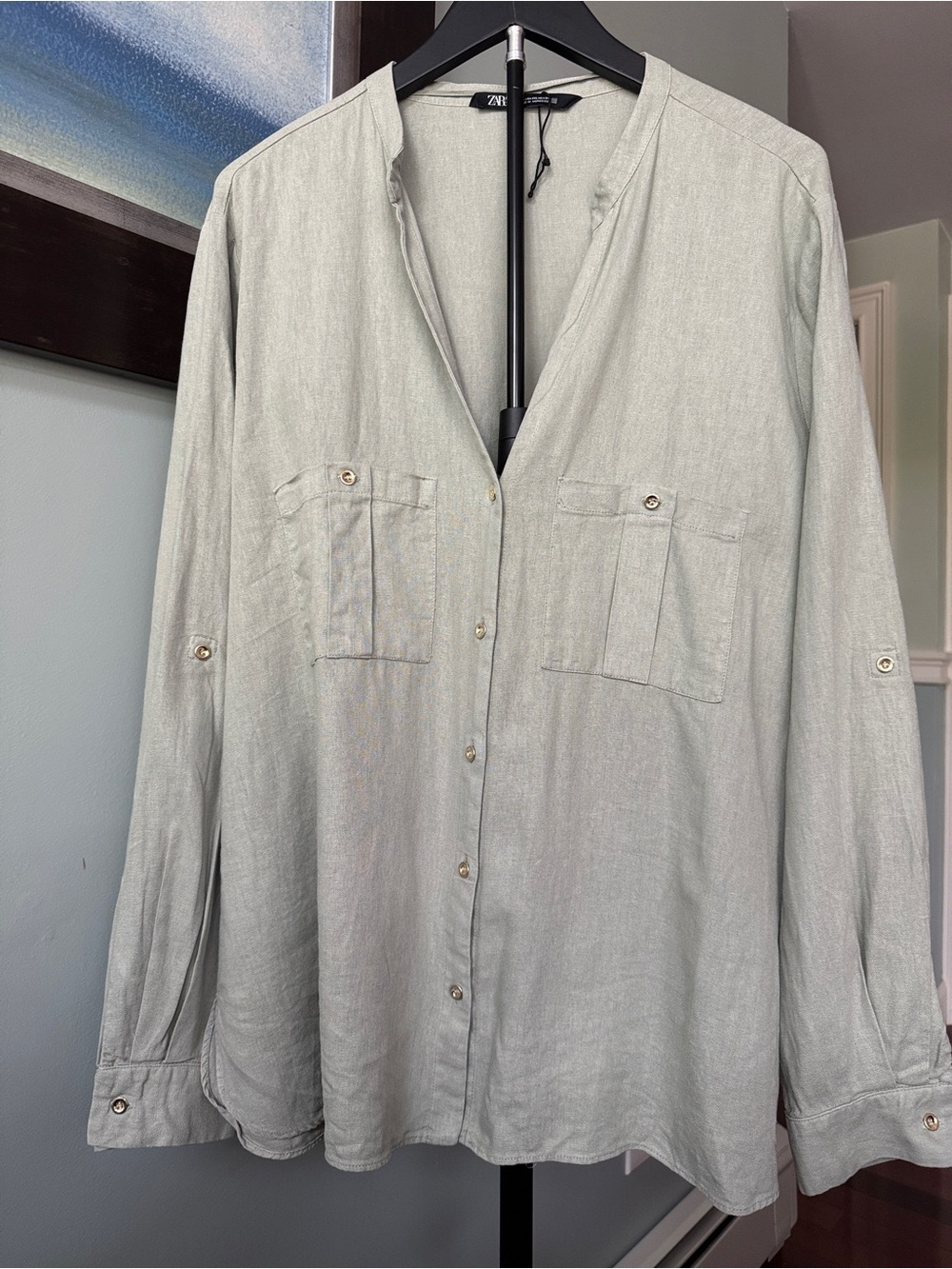 Zara Sage Green Collarless Button-Up Linen Utility Blouse-Shacket Size XXL